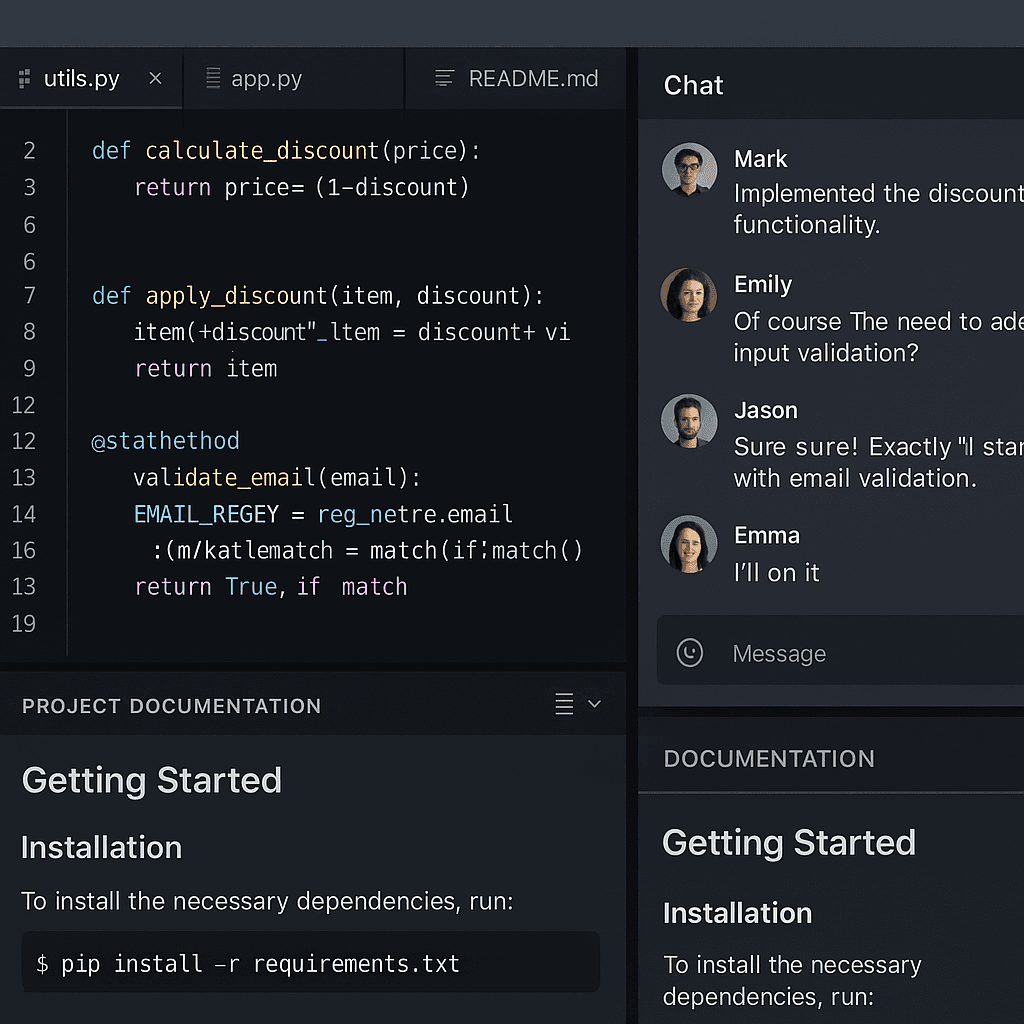 Screenshot mockup showing an integrated development environment with code editing, chat, and documentation side-by-side in a single interface